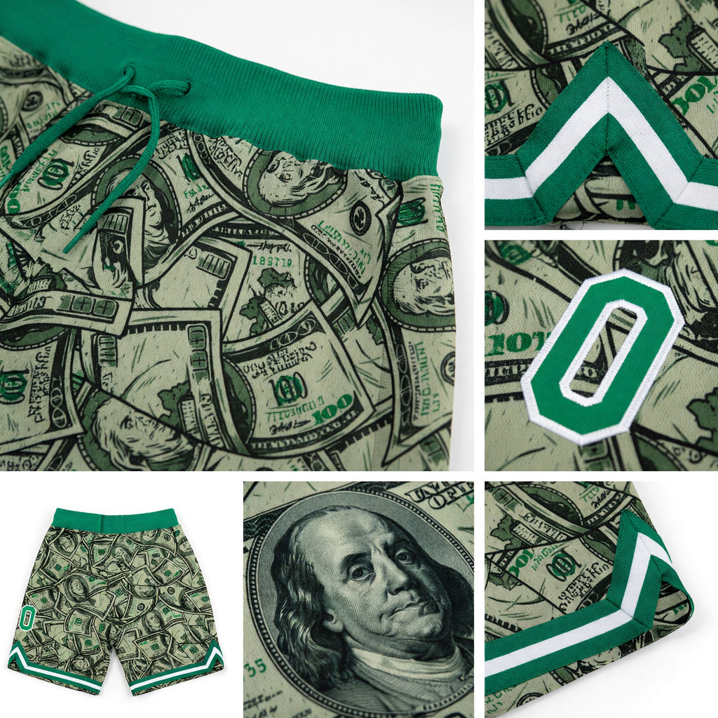 Custom Green Kelly Green-White 3D Pattern Design Dollar Authentic Basketball Shorts detail