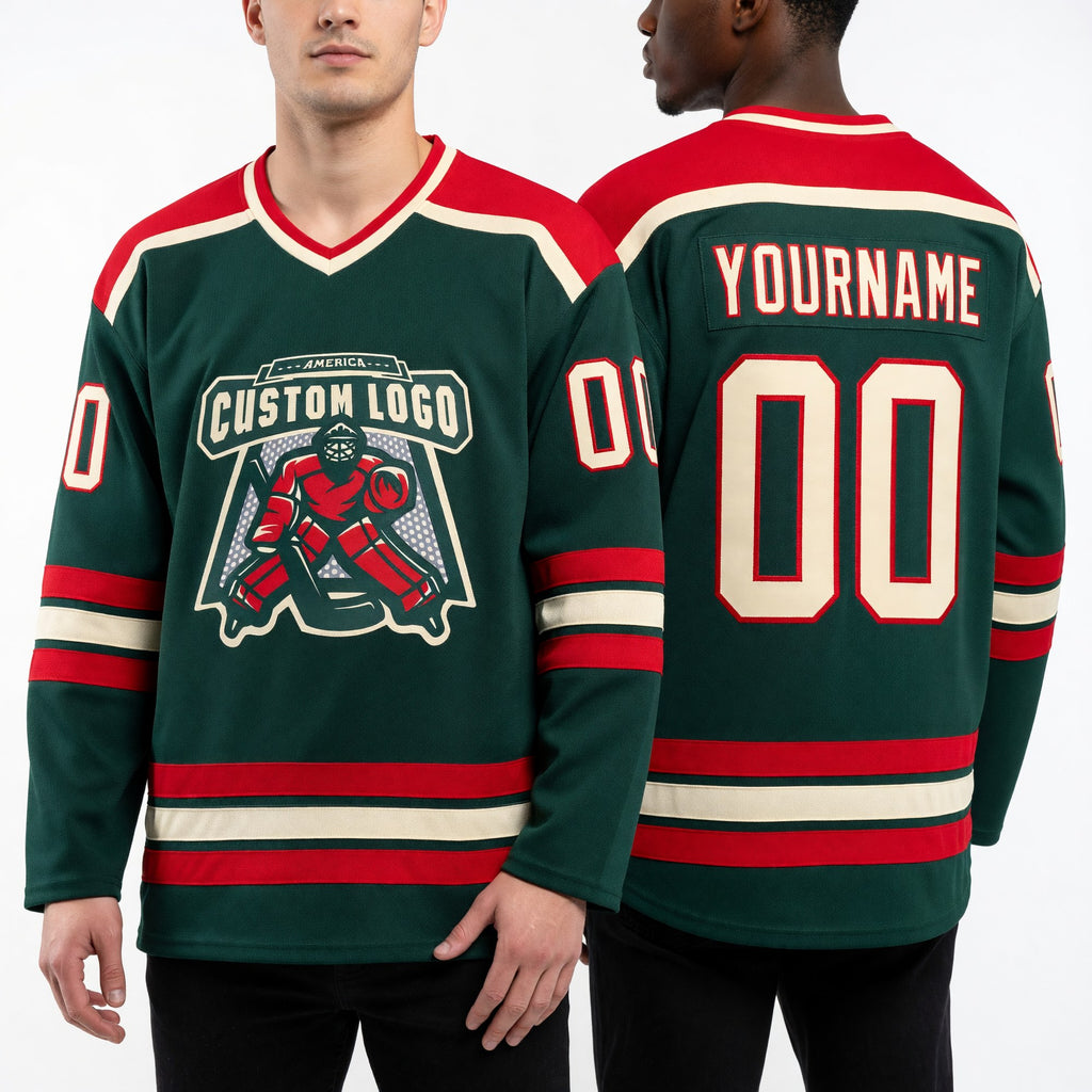 Custom Green Cream-Red Hockey Jersey worn front and back