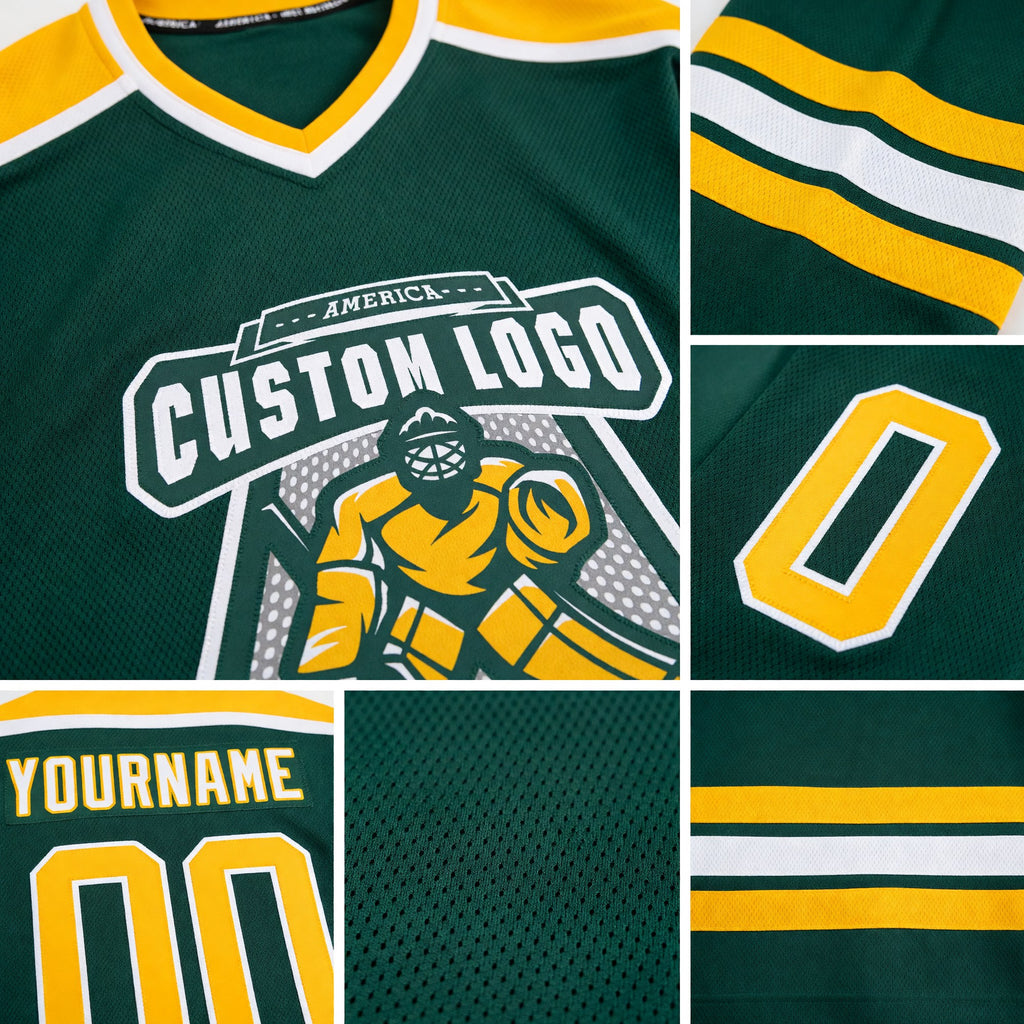 Custom Green Gold-White Hockey Jersey detail