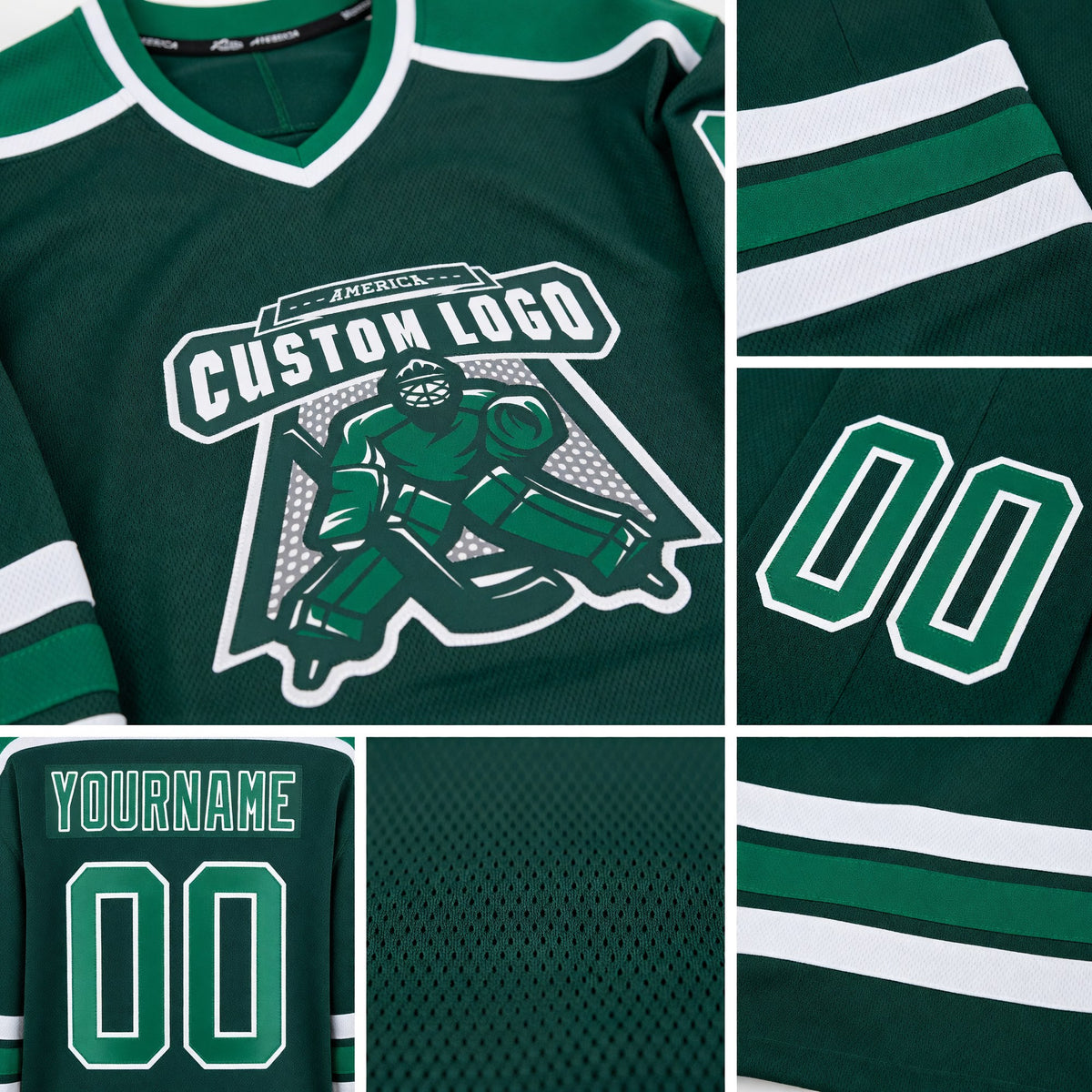 Custom Green Kelly Green-White Hockey Jersey detail