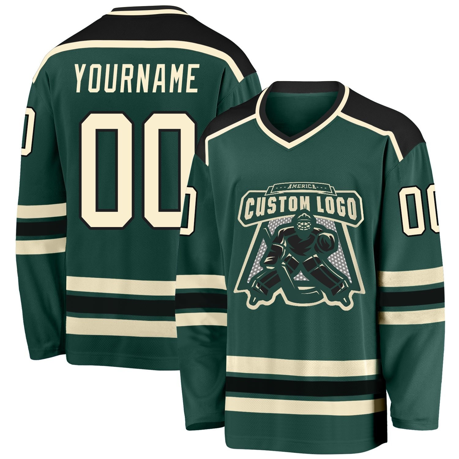Custom Green Cream-Black Hockey Jersey photo 1