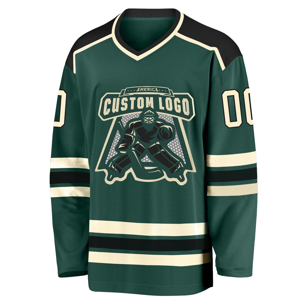 Custom Green Cream-Black Hockey Jersey photo 2