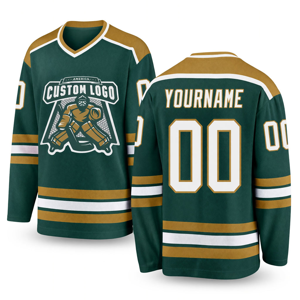 Custom Green White-Old Gold Hockey Jersey