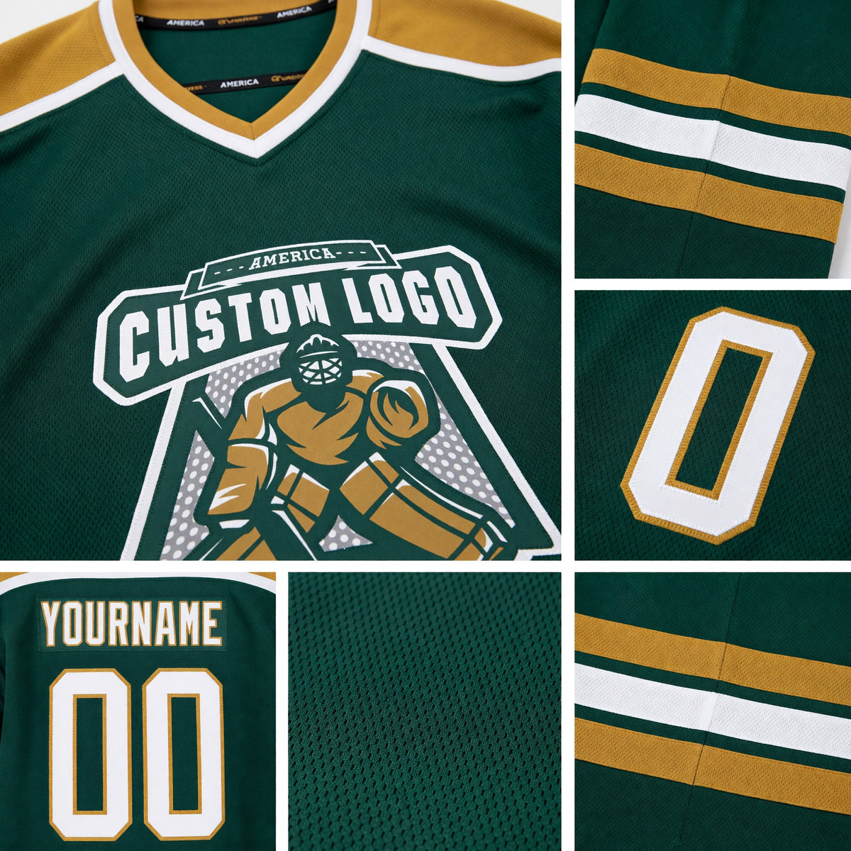 Custom Green White-Old Gold Hockey Jersey detail