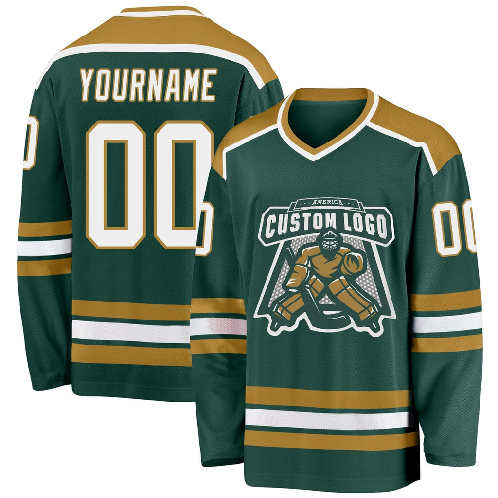 Custom Green White-Old Gold Hockey Jersey photo 1