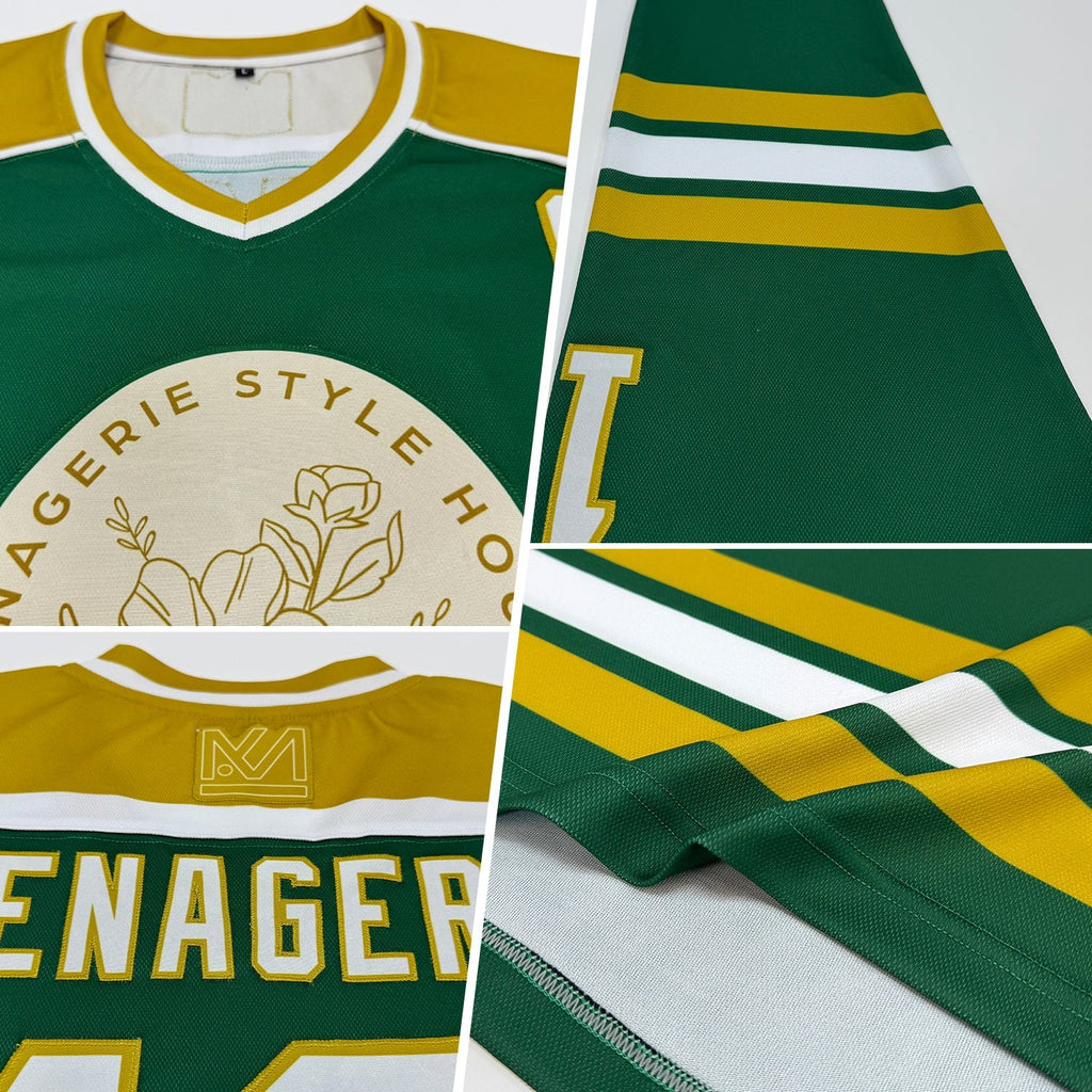 Custom Green White-Old Gold Hockey Jersey photo 2