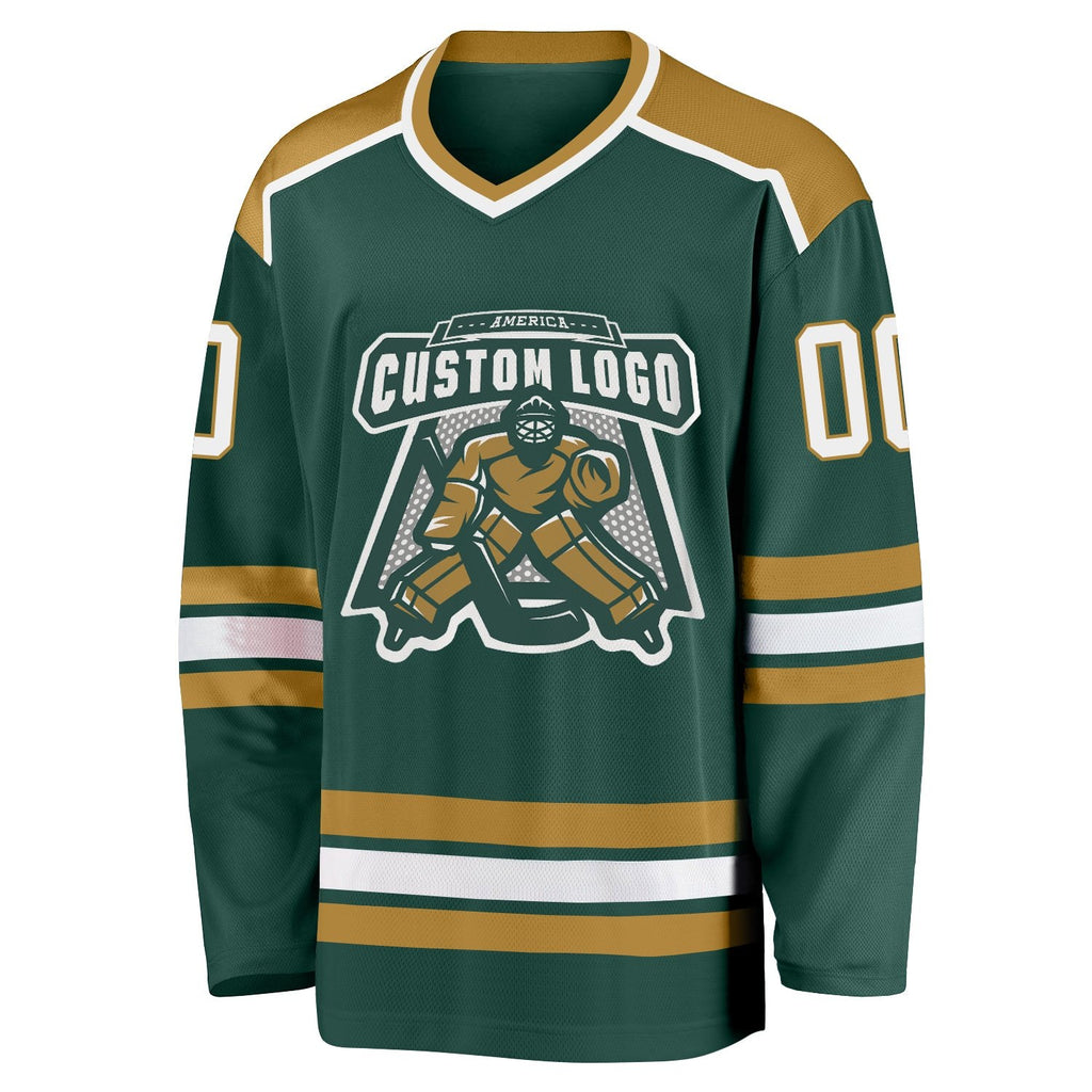 Custom Green White-Old Gold Hockey Jersey photo 3