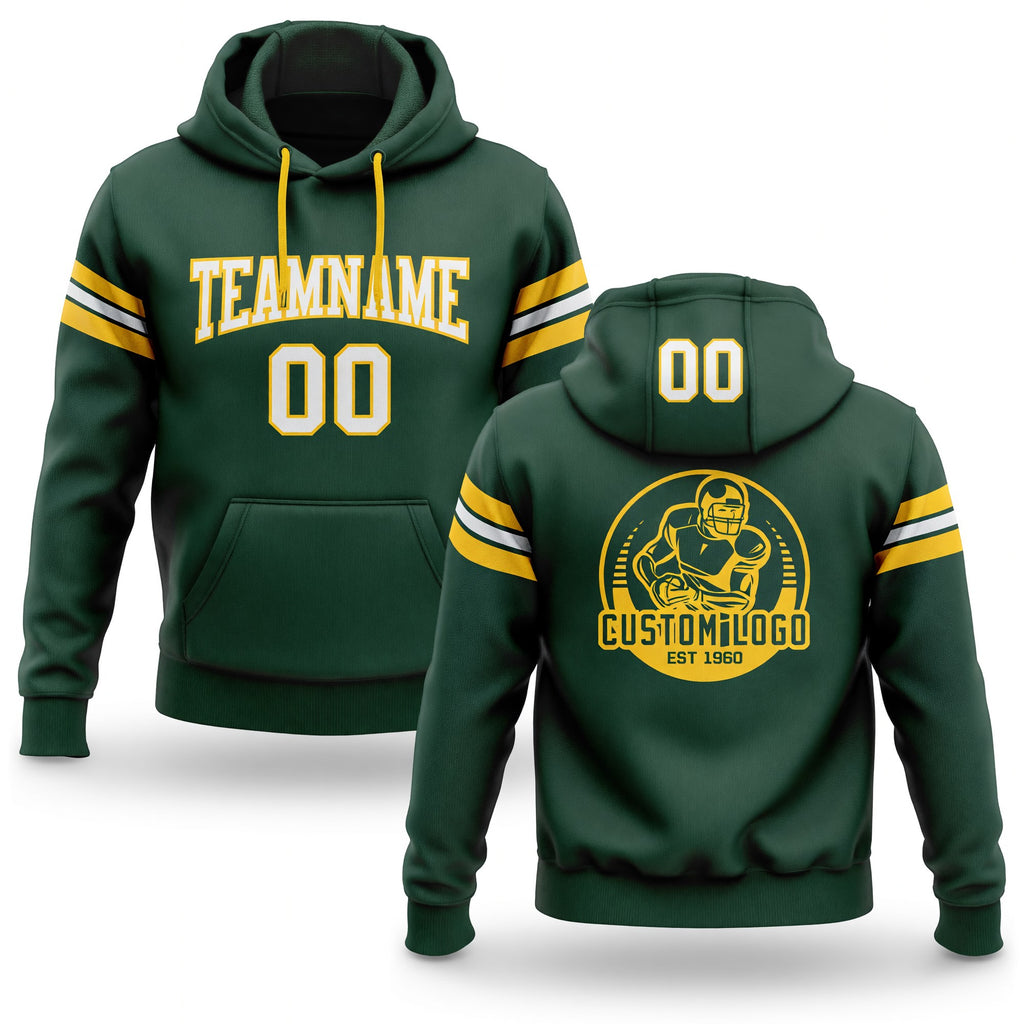 Custom Stitched Green White-Gold Football Pullover Sweatshirt Hoodie