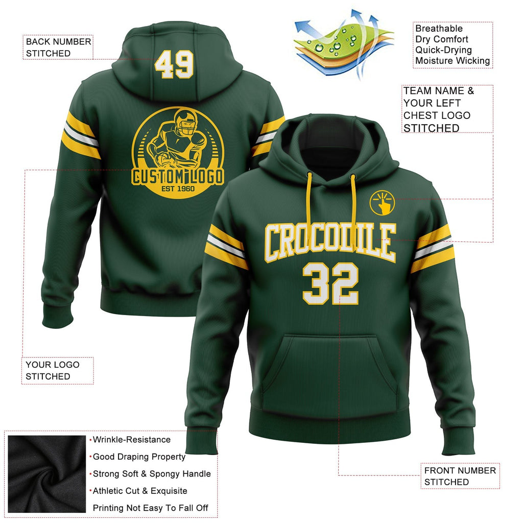 Custom Stitched Green White-Gold Football Pullover Sweatshirt Hoodie photo 2