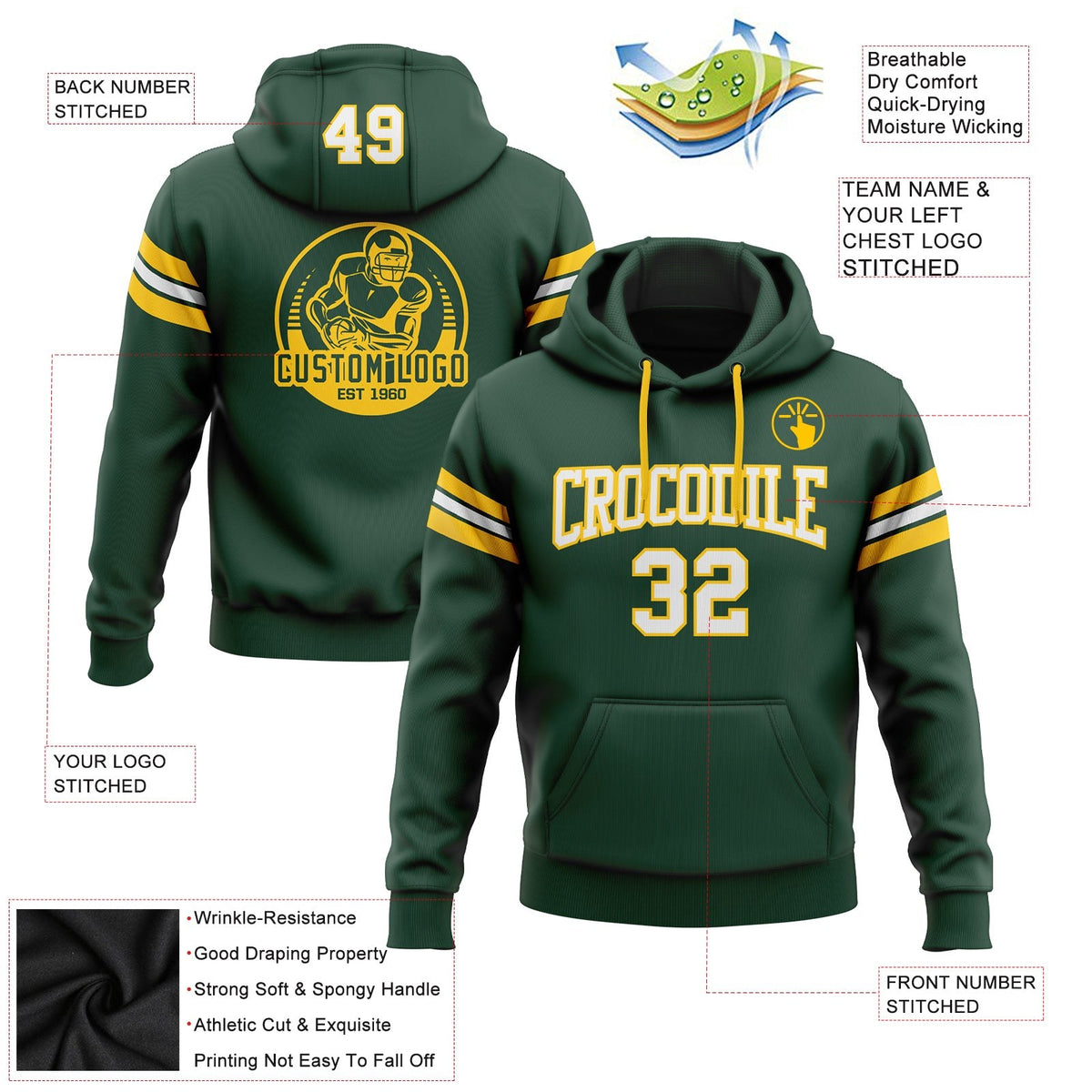 Custom Stitched Green White-Gold Football Pullover Sweatshirt Hoodie photo 2
