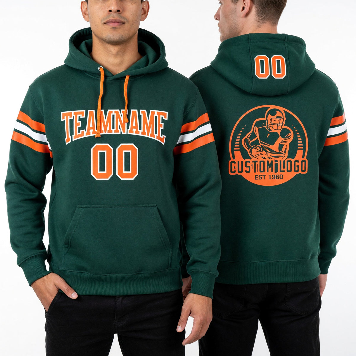 Custom Stitched Green Orange-White Football Pullover Sweatshirt Hoodie worn front and back
