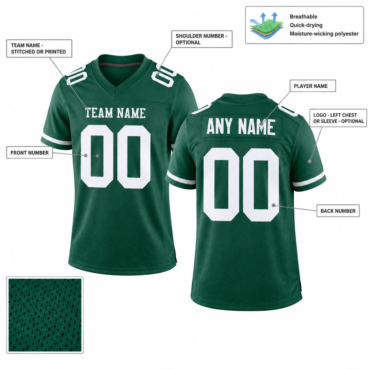 Custom Green Mesh Authentic Football Jersey with White Lettering customization guide