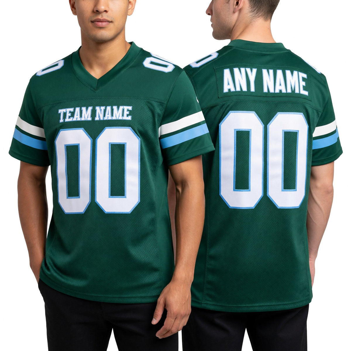 Custom Green White-Light Blue Mesh Authentic Football Jersey worn front and back