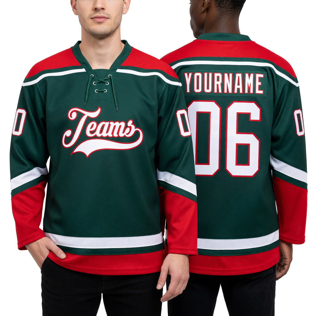 Custom Green White-Red Hockey Lace Neck Jersey worn front and back