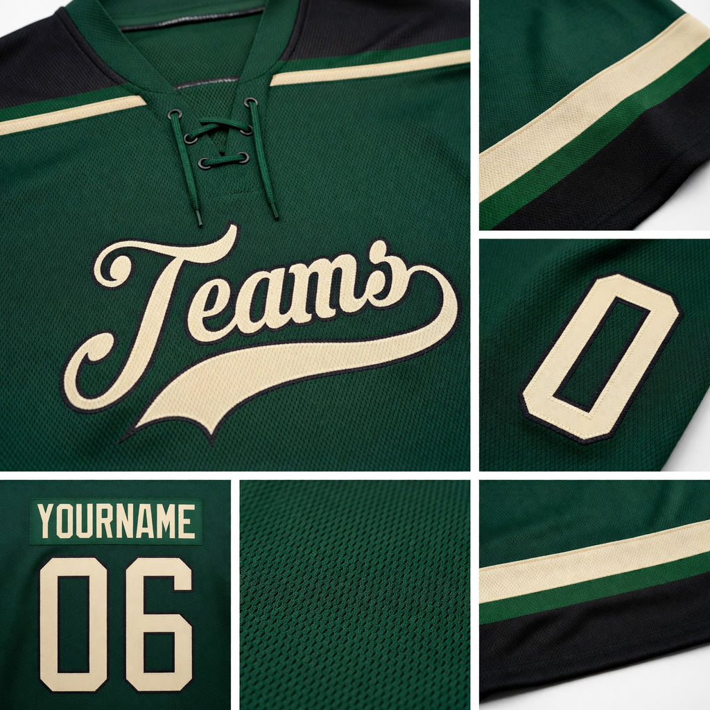 Custom Green City Cream-Black Hockey Lace Neck Jersey detail