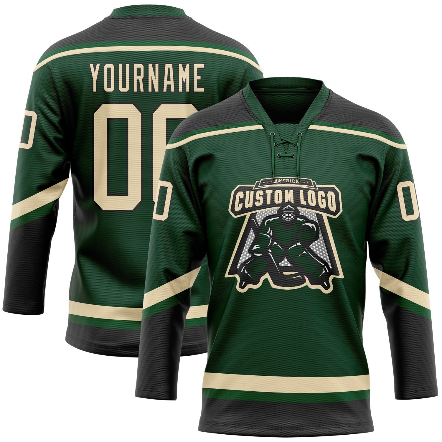 Custom Green City Cream-Black Hockey Lace Neck Jersey photo 2