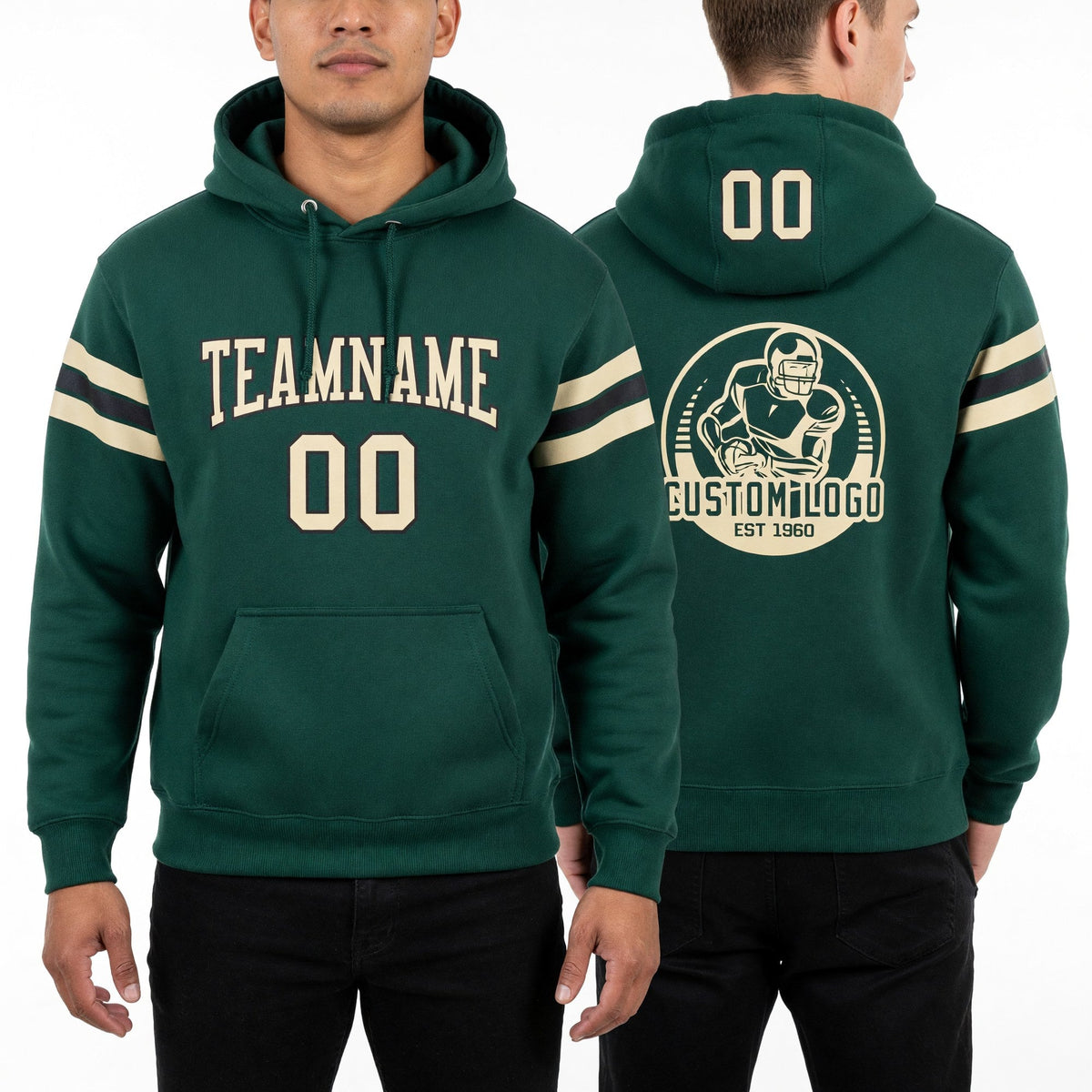 Custom Stitched Green City Cream-Black Football Pullover Sweatshirt Hoodie worn front and back