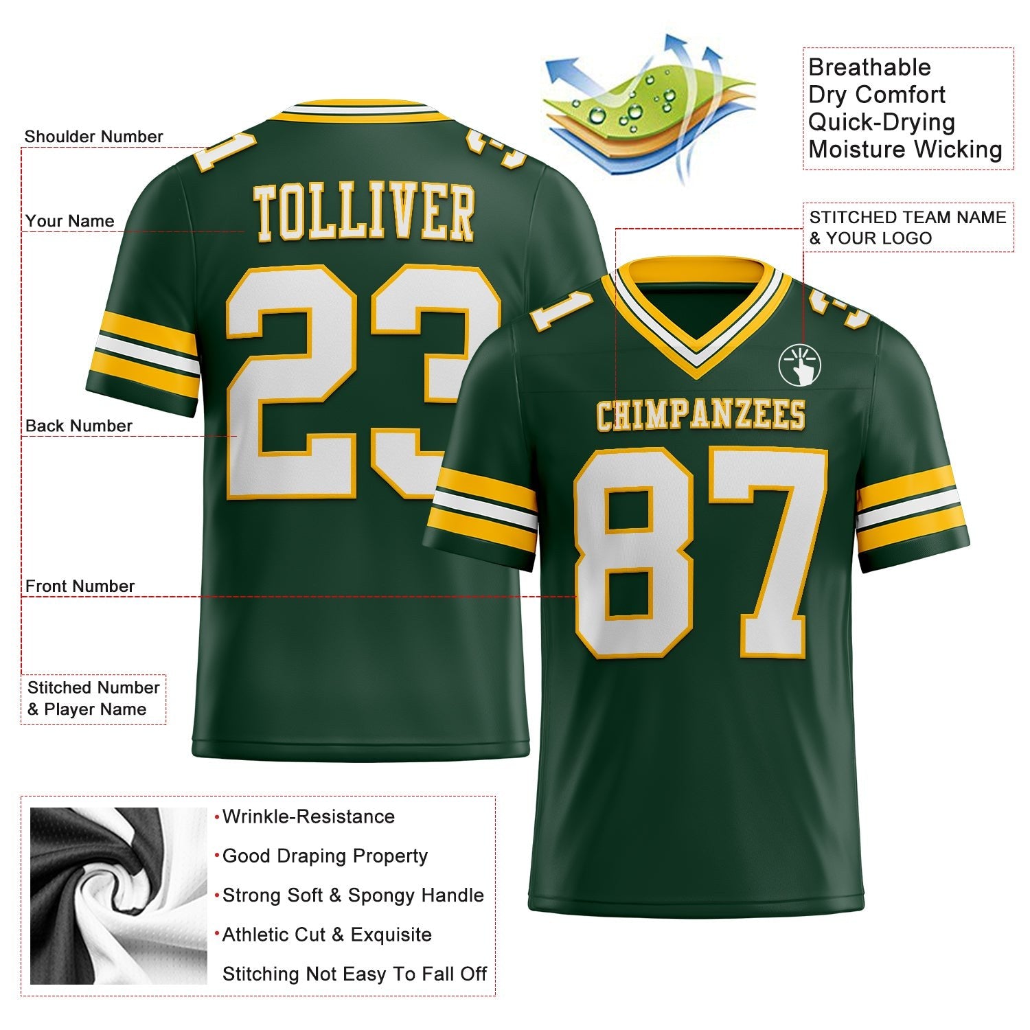 Custom Green White-Gold Authentic Football Jersey photo 3