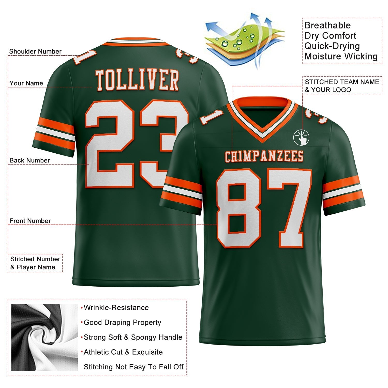 Custom Green White-Orange Authentic Football Jersey photo 2