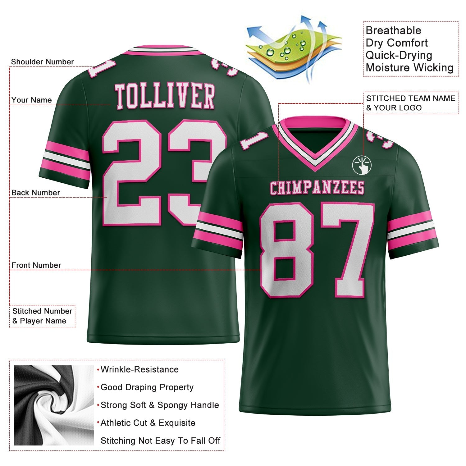 Custom Green White-Pink Authentic Football Jersey photo 2