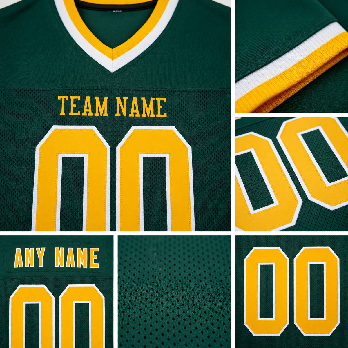 Custom Green Gold-White Mesh Authentic Throwback Football Jersey detail