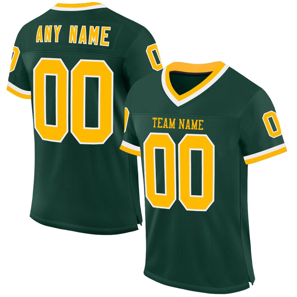 Custom Green Gold-White Mesh Authentic Throwback Football Jersey photo 1