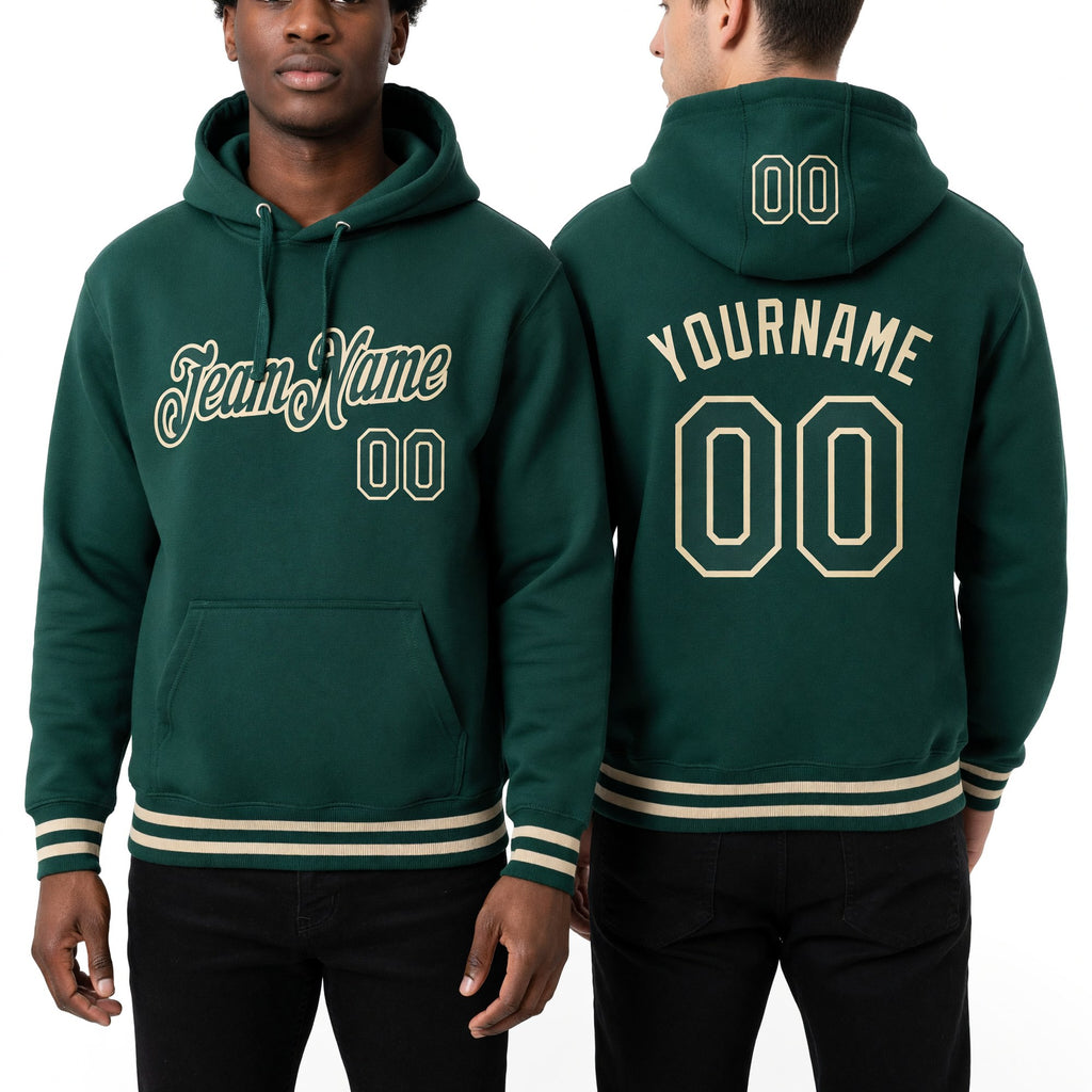 Custom Stitched Green Cream Sports Pullover Sweatshirt Hoodie worn front and back