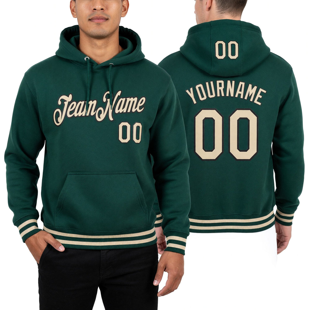 Custom Stitched Green Cream-Black Sports Pullover Sweatshirt Hoodie worn front and back