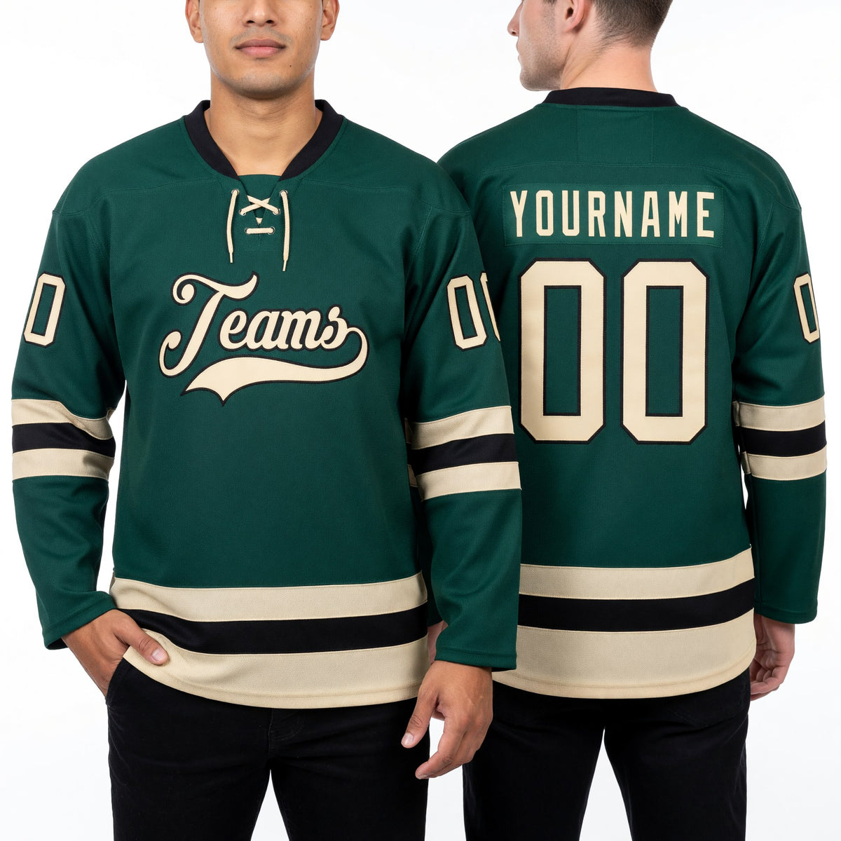 Custom Green Cream-Black Hockey Lace Neck Jersey worn front and back