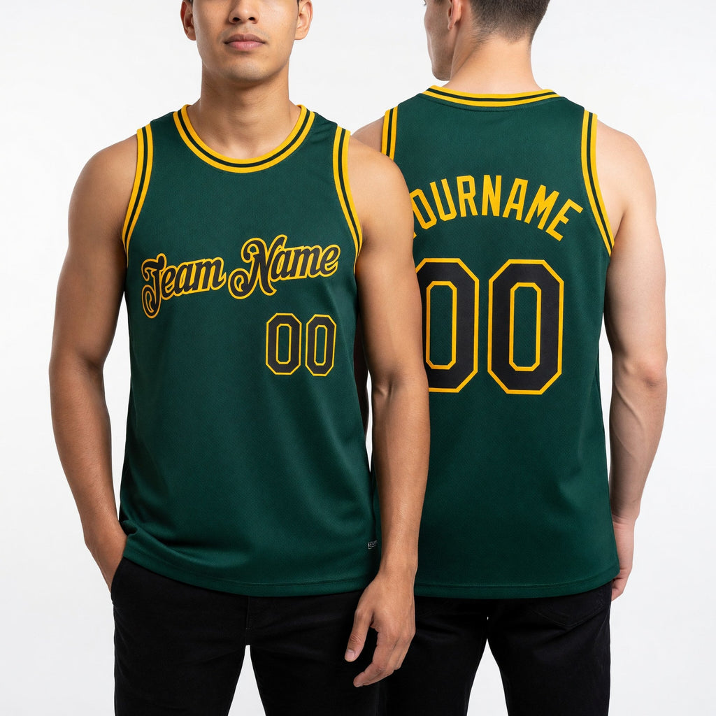 Custom Green Black-Gold Authentic Throwback Basketball Jersey worn front and back