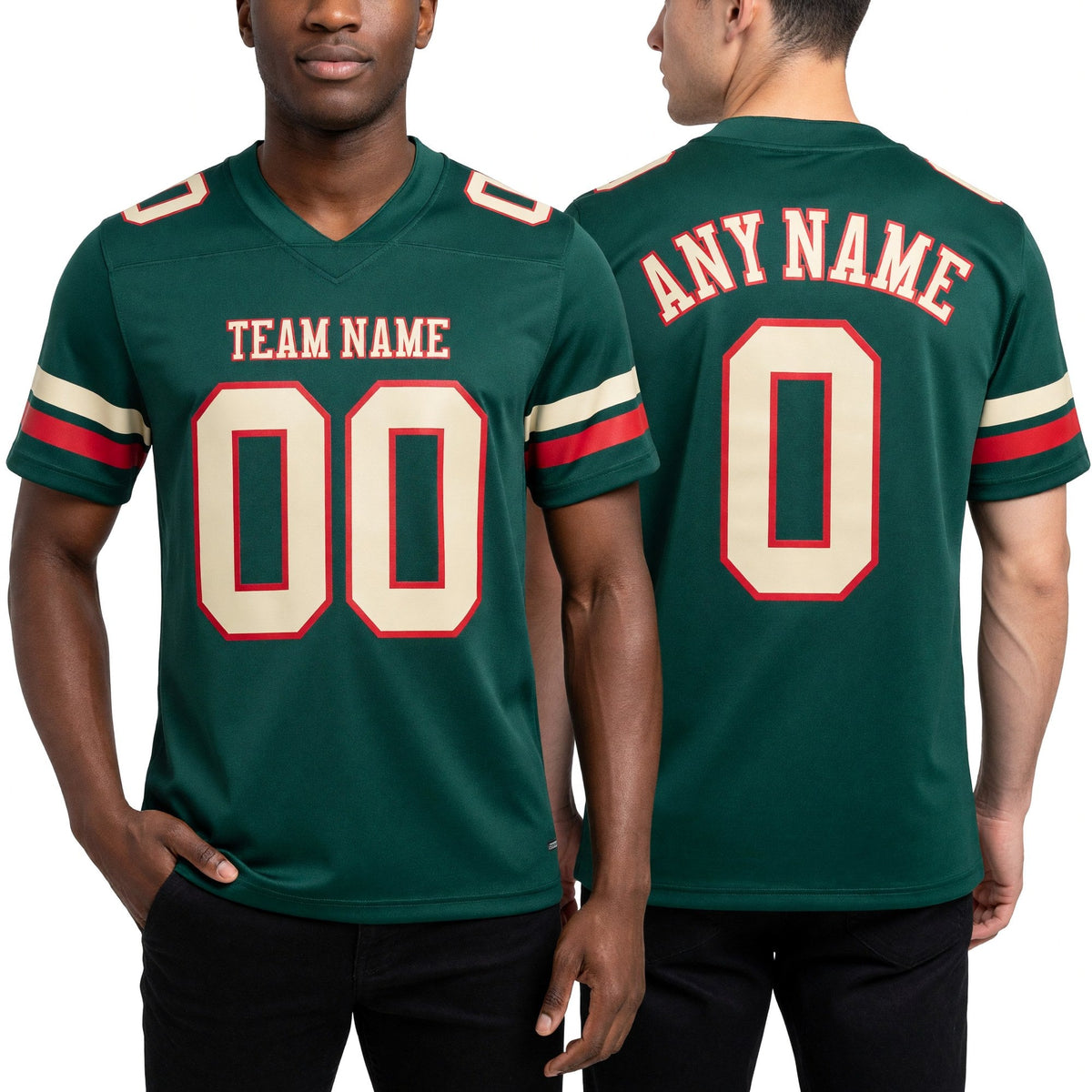 Custom Green Cream-Red Authentic Football Jersey worn front and back