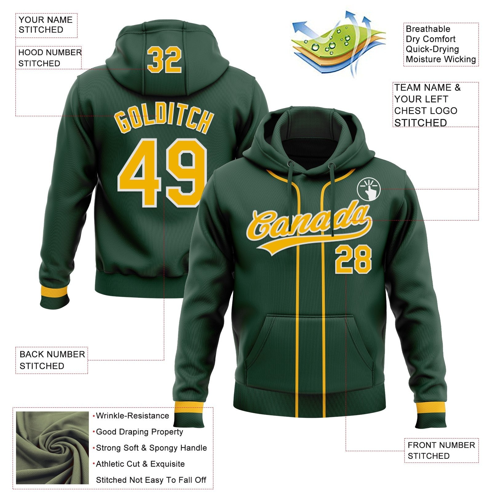 Custom Stitched Green Gold-White Baseball Pullover Sweatshirt Hoodie photo 2