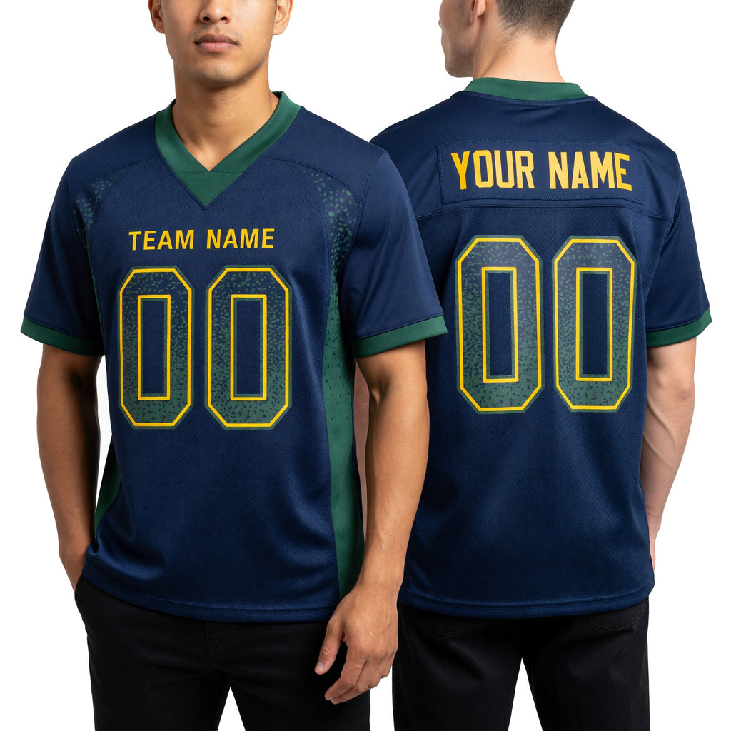 Custom Navy Green-Gold Drift Fashion Football Jersey worn front and back