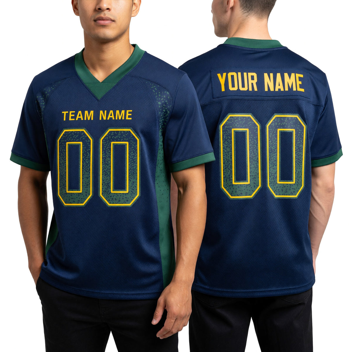Custom Navy Green-Gold Drift Fashion Football Jersey worn front and back