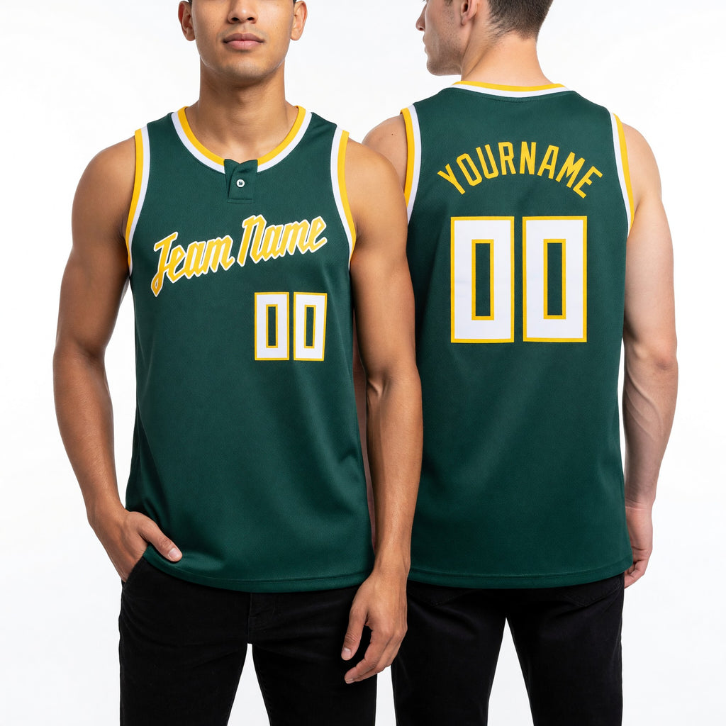 Custom Hunter Green White-Gold Round Neck Rib-Knit Basketball Jersey worn front and back