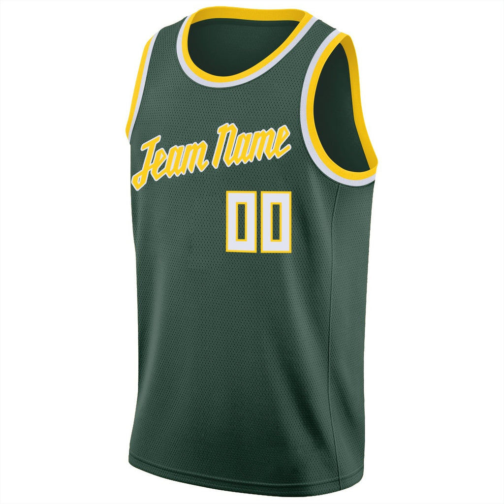 Custom Hunter Green White-Gold Round Neck Rib-Knit Basketball Jersey photo 4