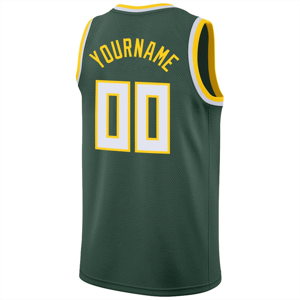 Custom Hunter Green White-Gold Round Neck Rib-Knit Basketball Jersey photo 5