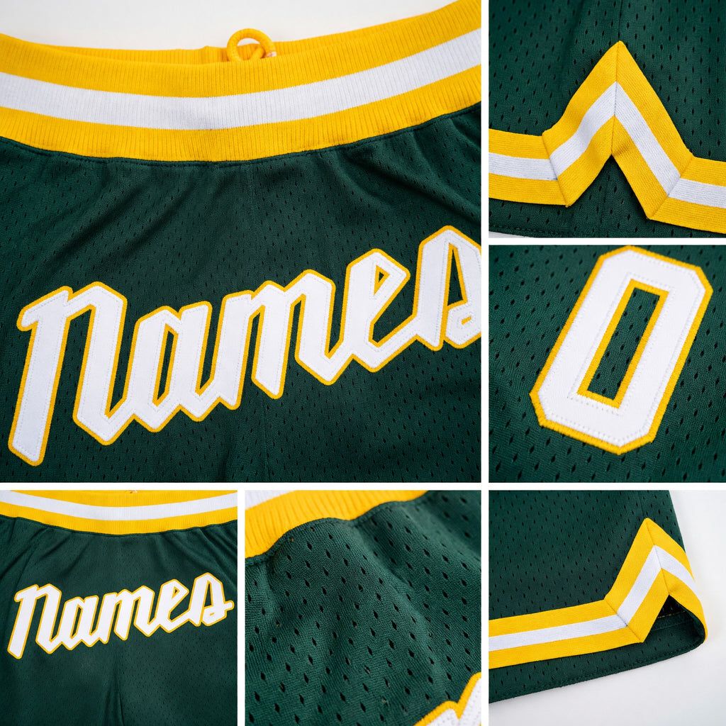 Custom Hunter Green White-Gold Authentic Throwback Basketball Shorts detail