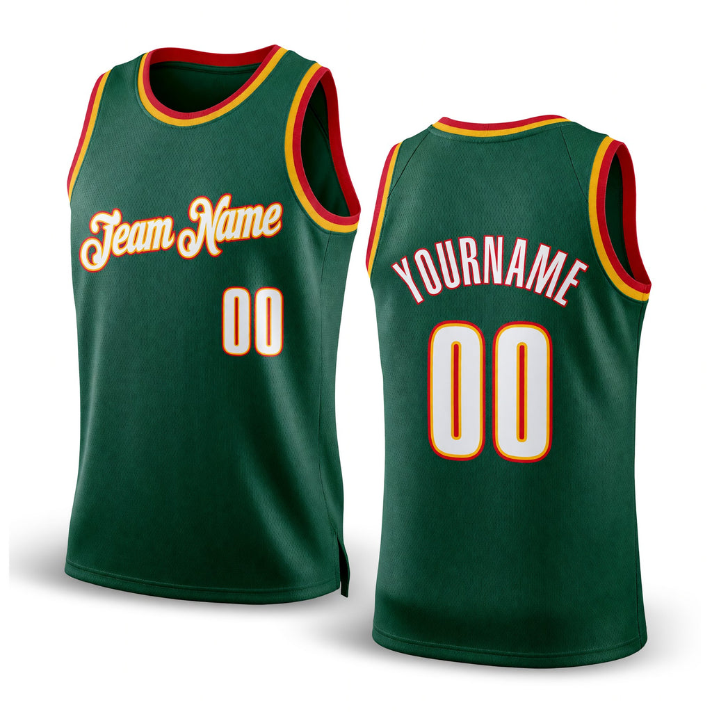 Custom Hunter Green White-Red Authentic Throwback Basketball Jersey