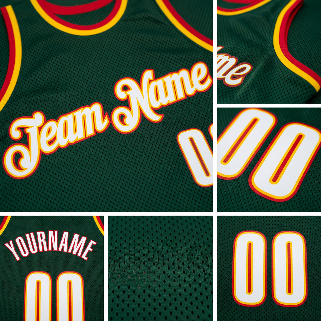 Custom Hunter Green White-Red Authentic Throwback Basketball Jersey detail