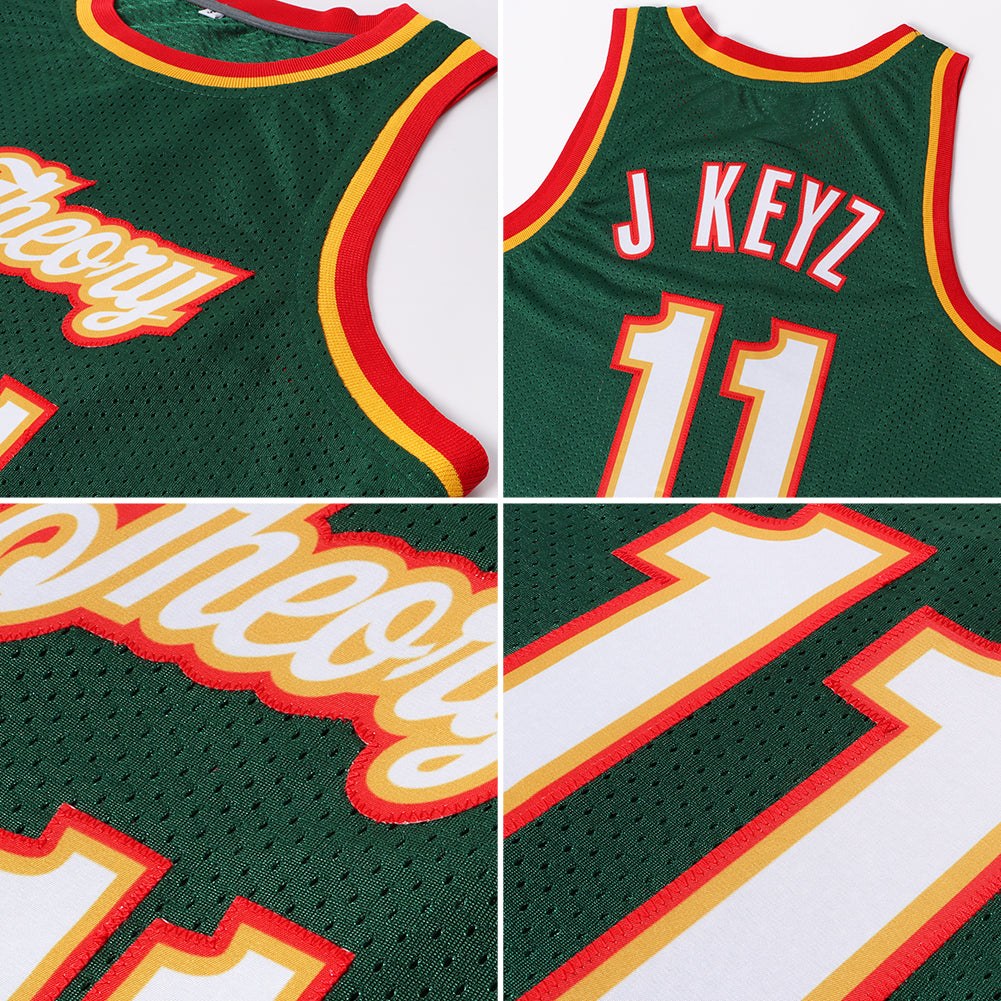 Custom Hunter Green White-Red Authentic Throwback Basketball Jersey photo 4