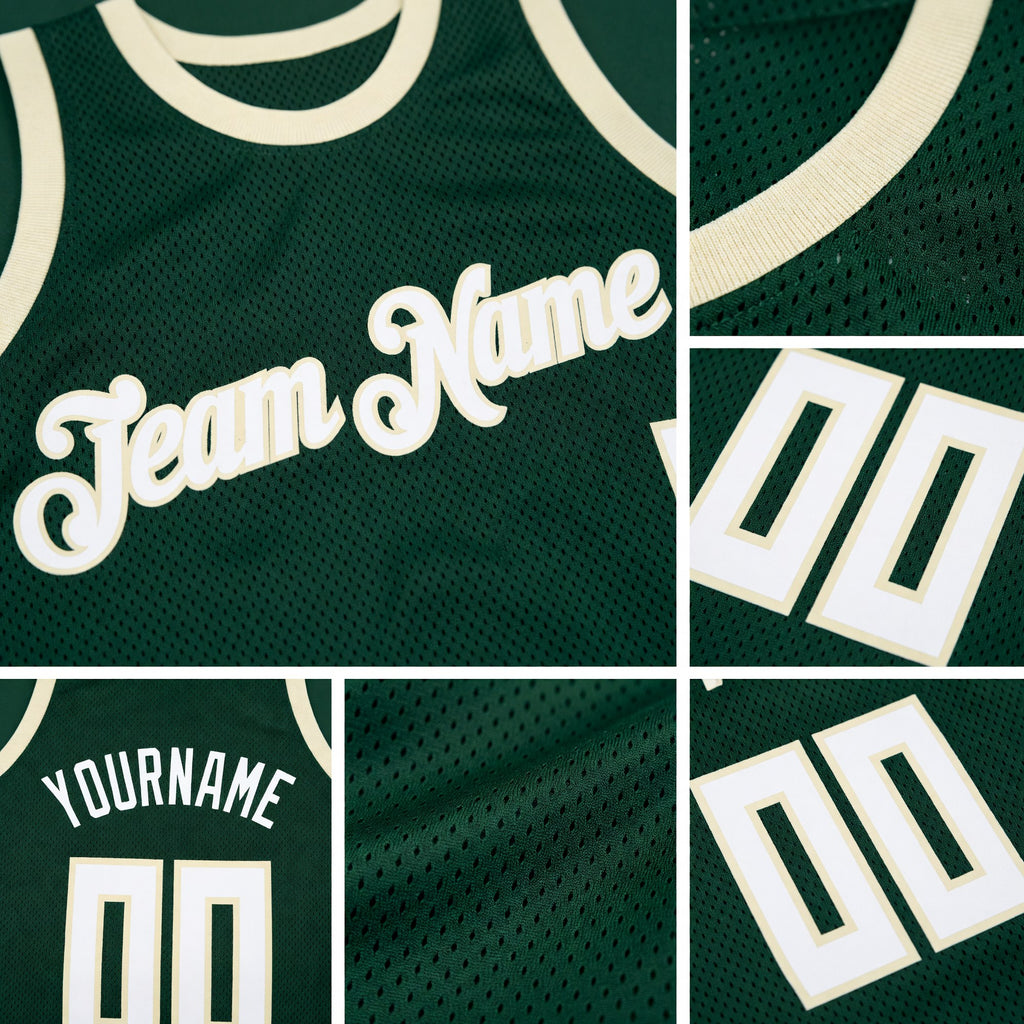 Custom Hunter Green White-Cream Authentic Throwback Basketball Jersey detail