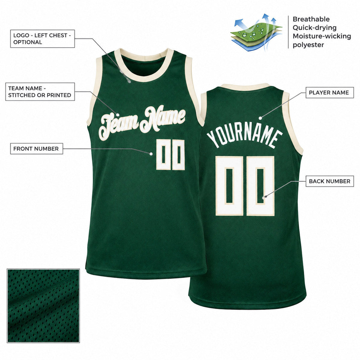 Custom Hunter Green Authentic Throwback Basketball Jersey with White and Cream Lettering customization guide