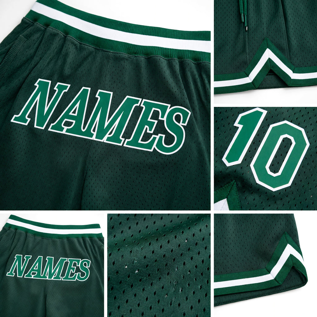 Custom Hunter Green Kelly Green-White Authentic Throwback Basketball Shorts detail
