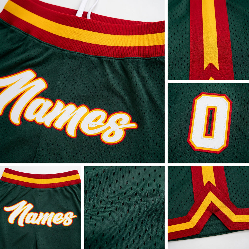 Custom Hunter Green White-Red Authentic Throwback Basketball Shorts detail