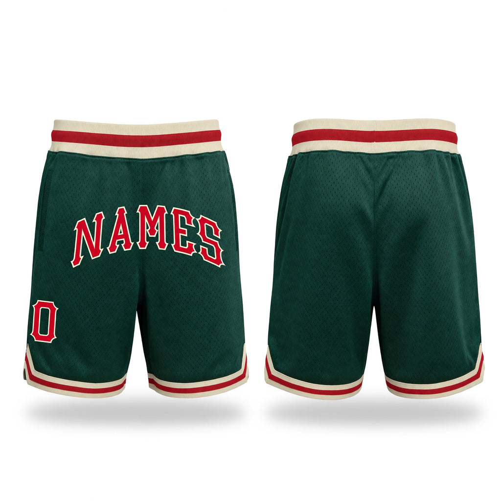 Custom Hunter Green Red-Cream Authentic Throwback Basketball Shorts