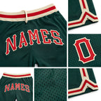 Custom Hunter Green Red-Cream Authentic Throwback Basketball Shorts detail