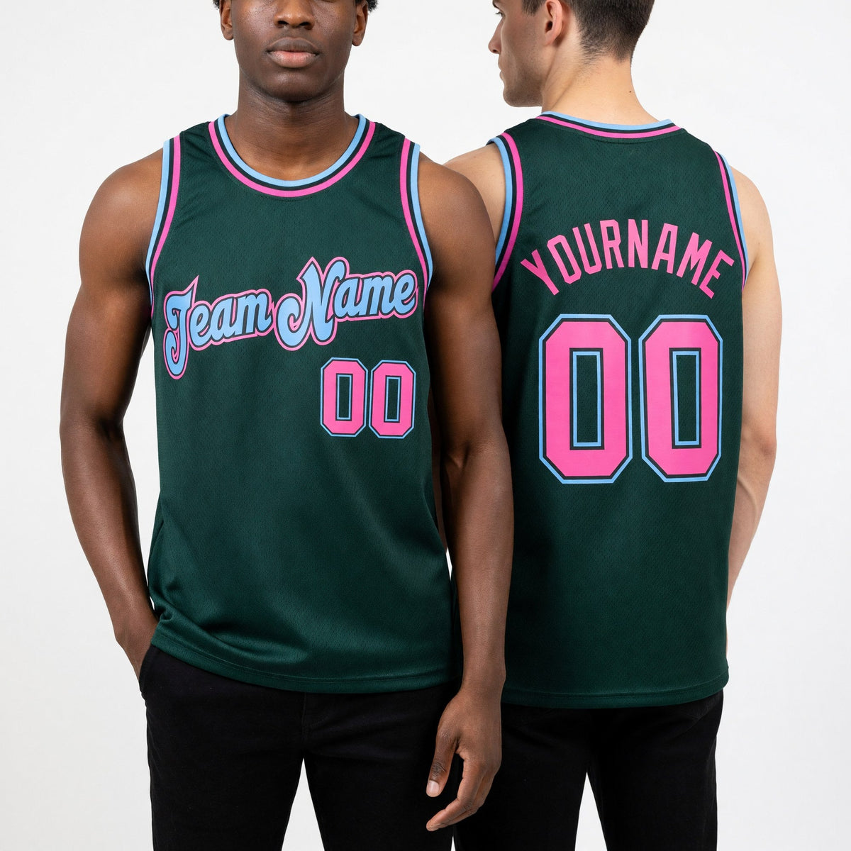 Custom Hunter Green Pink-Light Blue Authentic Throwback Basketball Jersey worn front and back