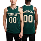 Custom Hunter Green Cream-Black Authentic Throwback Basketball Jersey worn front and back