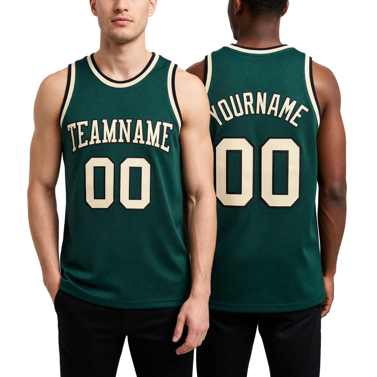 Custom Hunter Green Cream-Black Authentic Throwback Basketball Jersey worn front and back